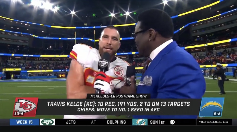 Travis Kelce celebrates his game-winning touchdown with a 'U-C'